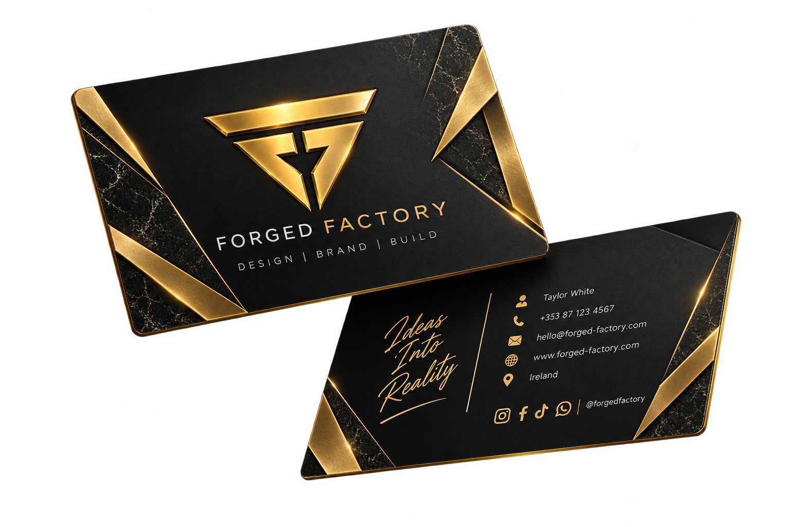 Forged Factory floating business cards showing front and back
